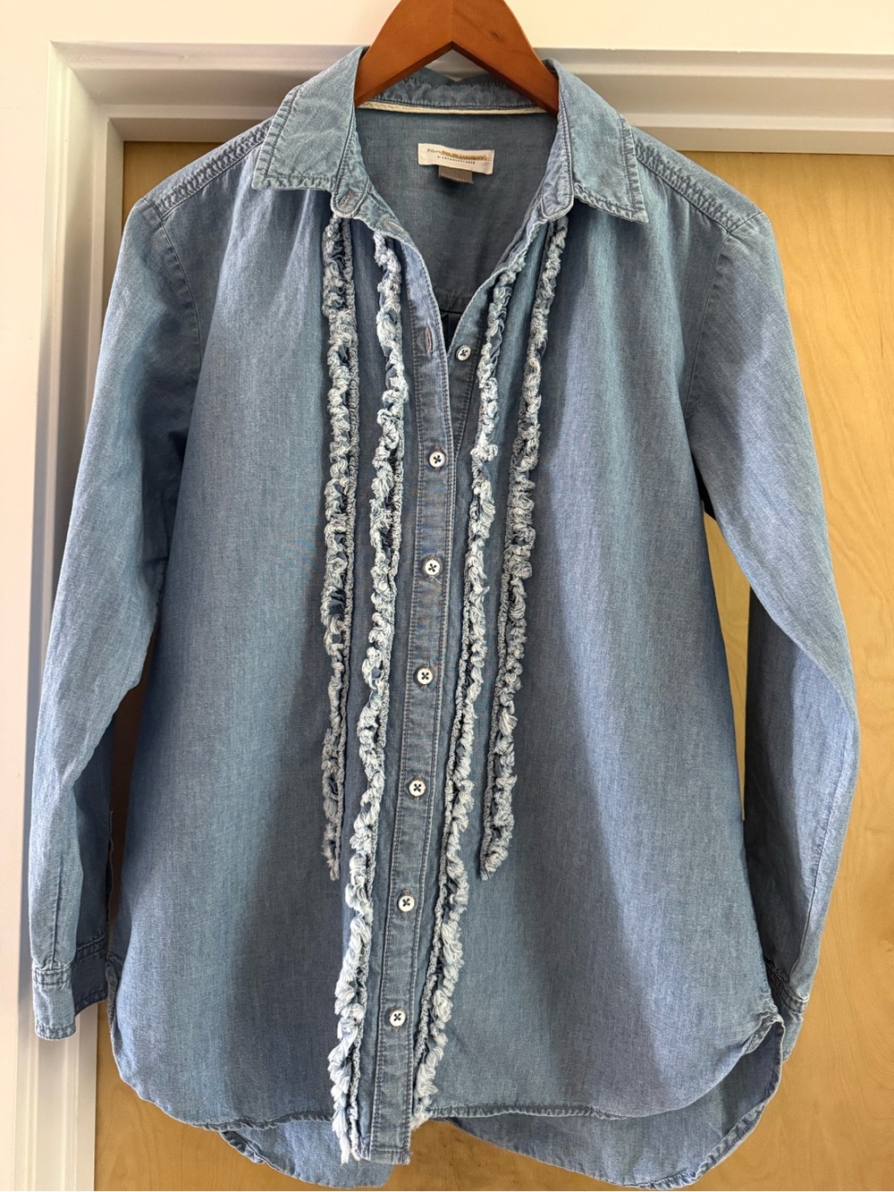 Pilcro (Anthropologie) Light Blue Denim Button-Front Shirt w/ tuxedo-style trim.